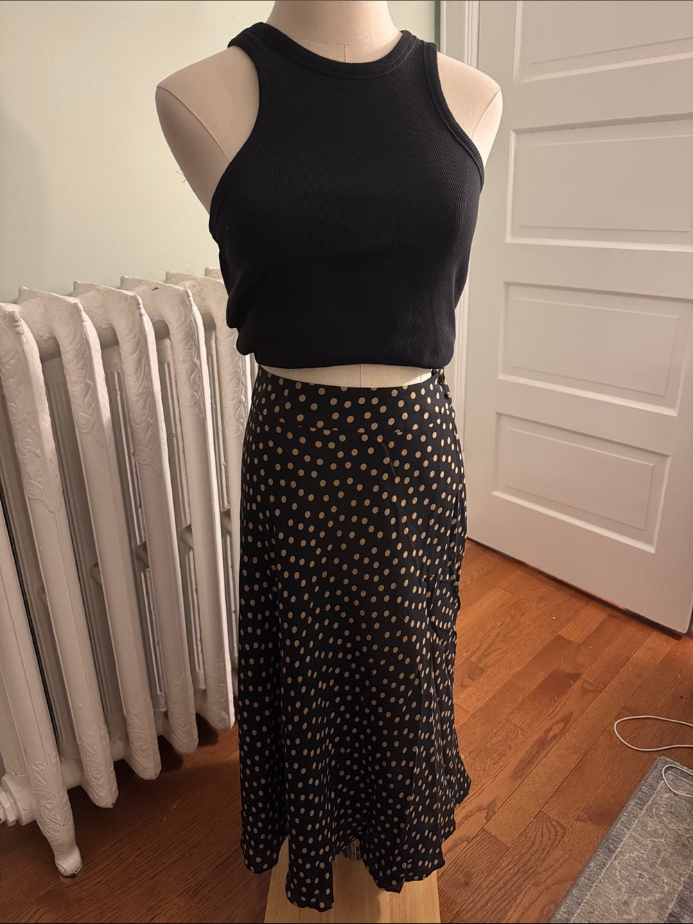 Jones New York Silk Midi Skirt with Tan Polka Dots